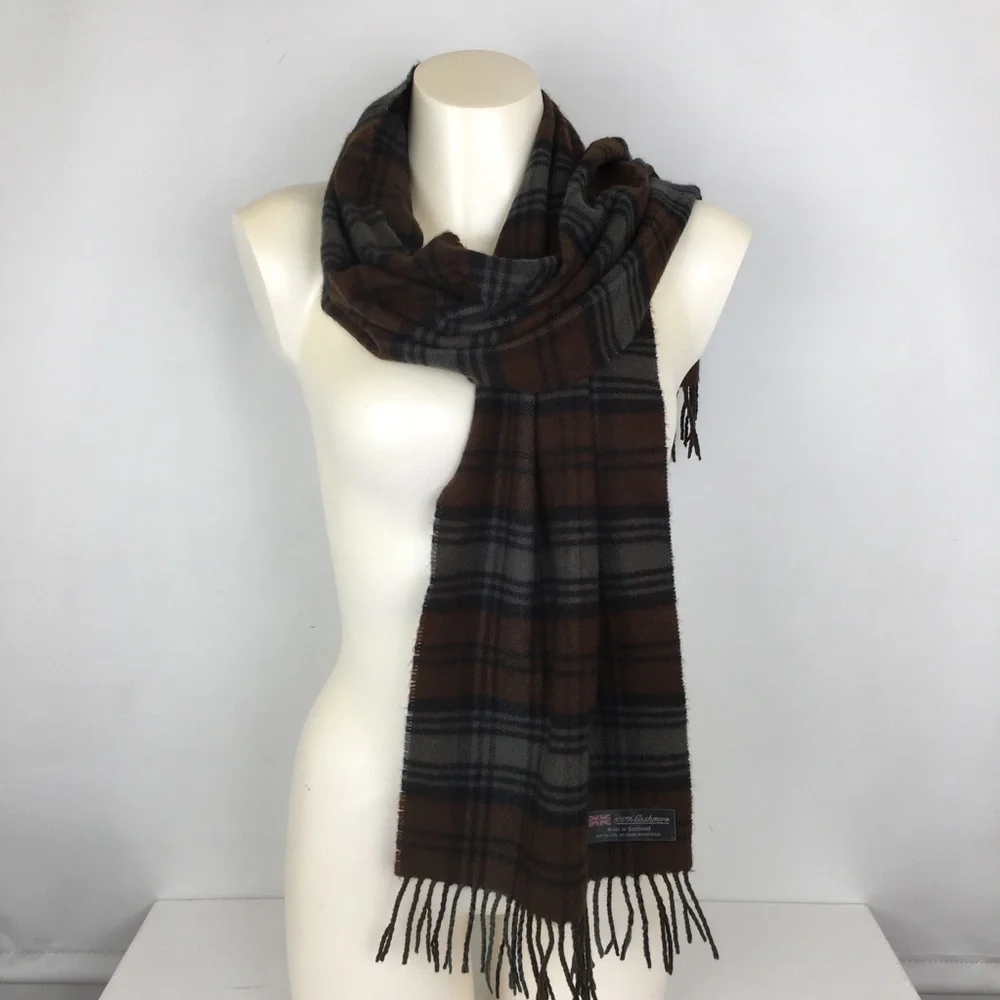 100% Cashmere Made in Scotland Chocolate Brown Latte Plaid Fringe Scarf Unisex